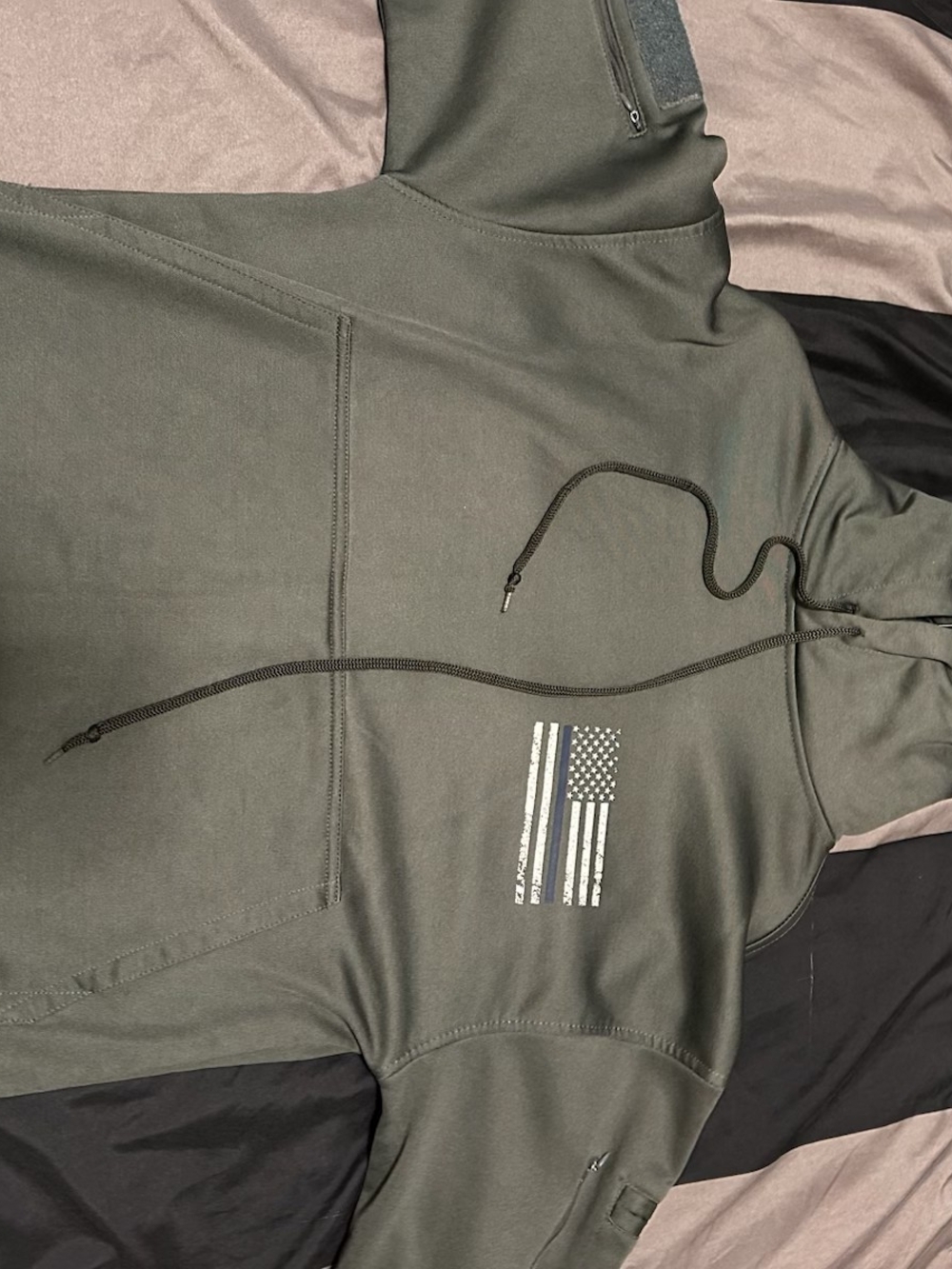 Men's Olive Zip-Up Hoodie with Distressed Flag Detail